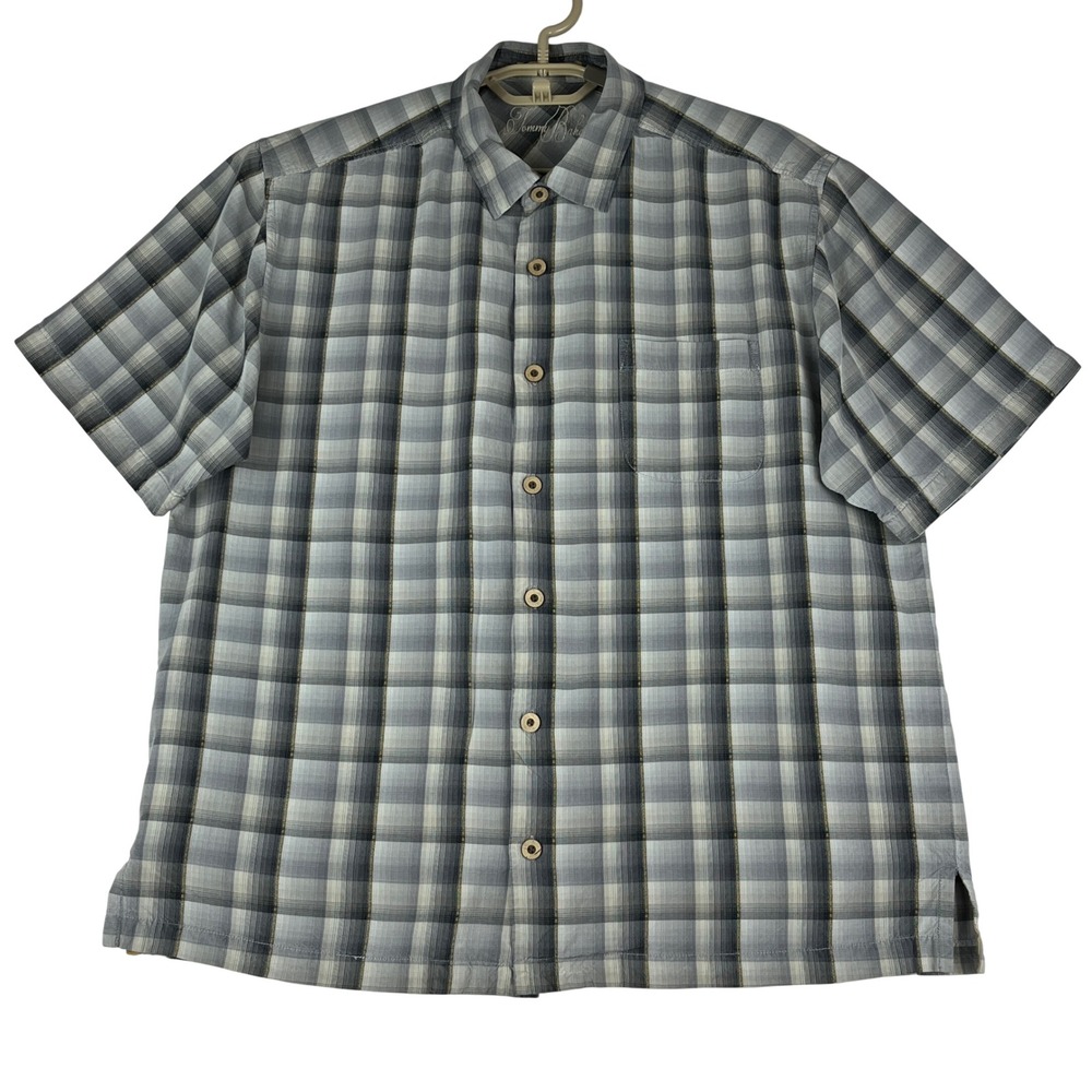 Tommy Bahama Shirt Mens L Grey Plaid 100% Silk Short Sleeve‎ Button Down Pocket